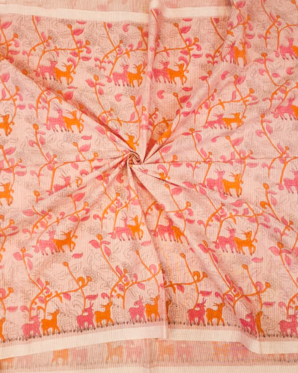 COTTON SAREES  -  Blush Peach with Coral Pink, Orange and Beige