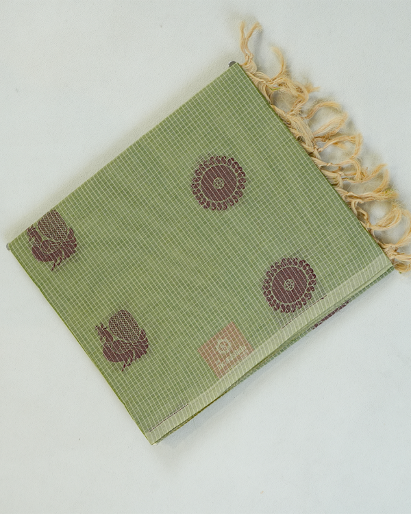 PURE COTTON SAREE - Sage Green with Maroon