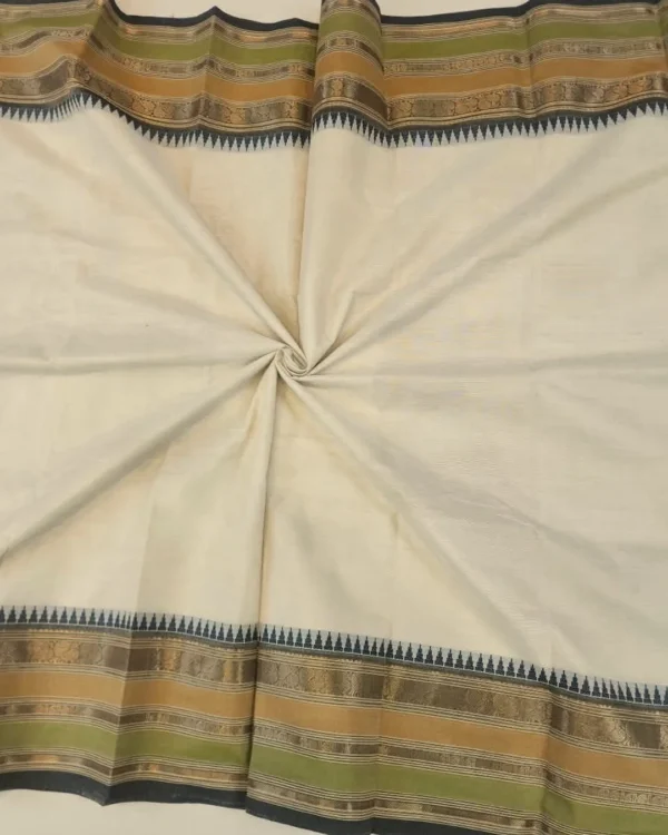 CHETTINAD COTTON SAREES  - Cream Beige with Olive Green, Antique Gold & Black