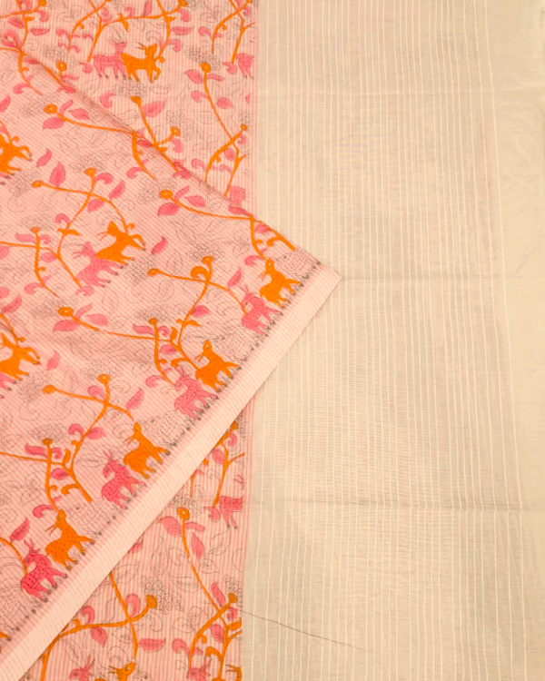 COTTON SAREES  -  Blush Peach with Coral Pink, Orange and Beige