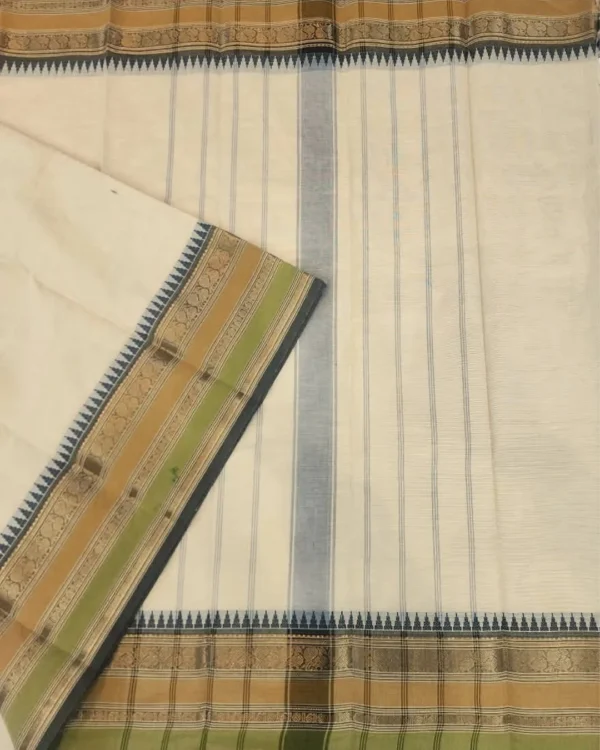 CHETTINAD COTTON SAREES  - Cream Beige with Olive Green, Antique Gold & Black