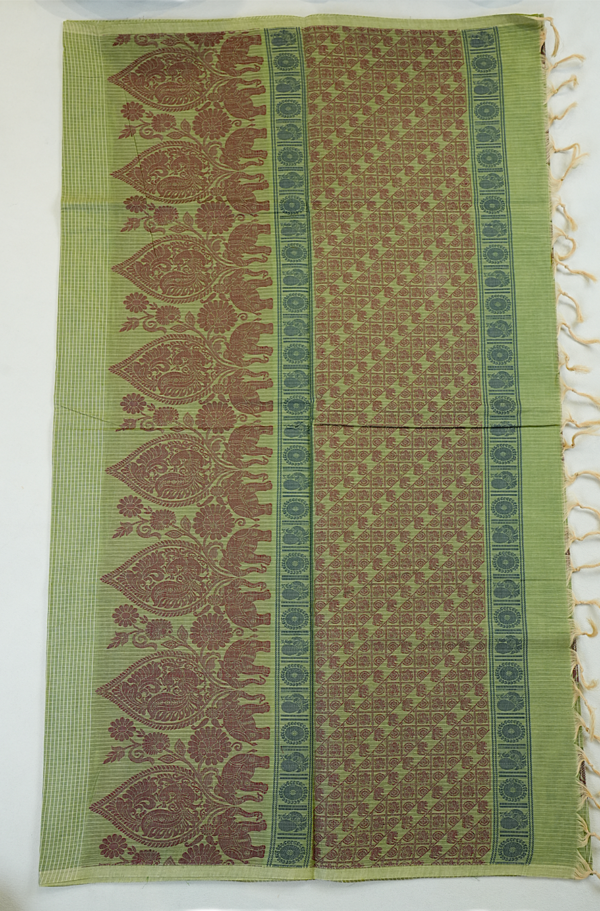 PURE COTTON SAREE - Sage Green with Maroon