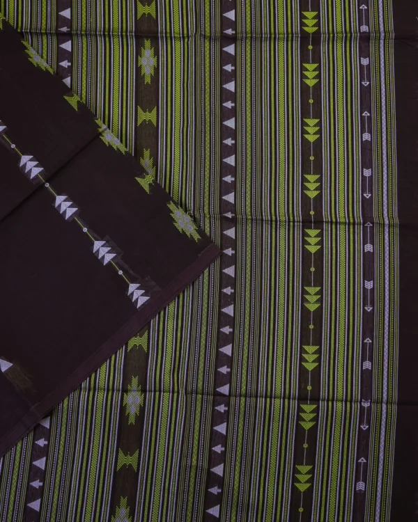 PURE COTTON SAREES - Chocolate Brown with Lime Green & Silver