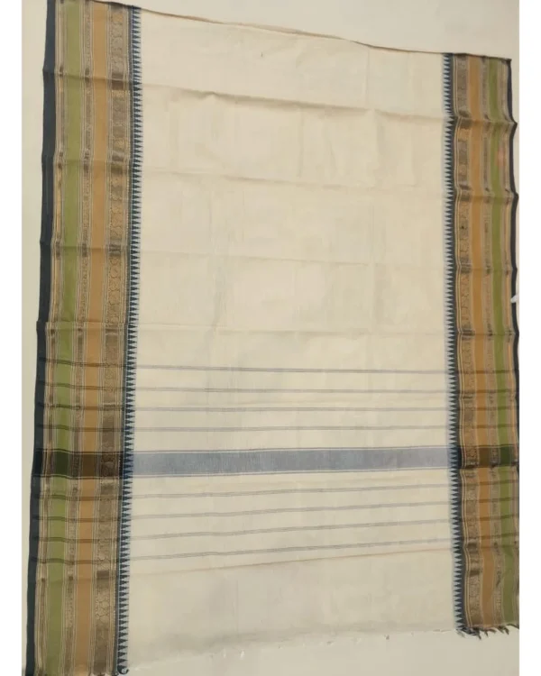 CHETTINAD COTTON SAREES  - Cream Beige with Olive Green, Antique Gold & Black