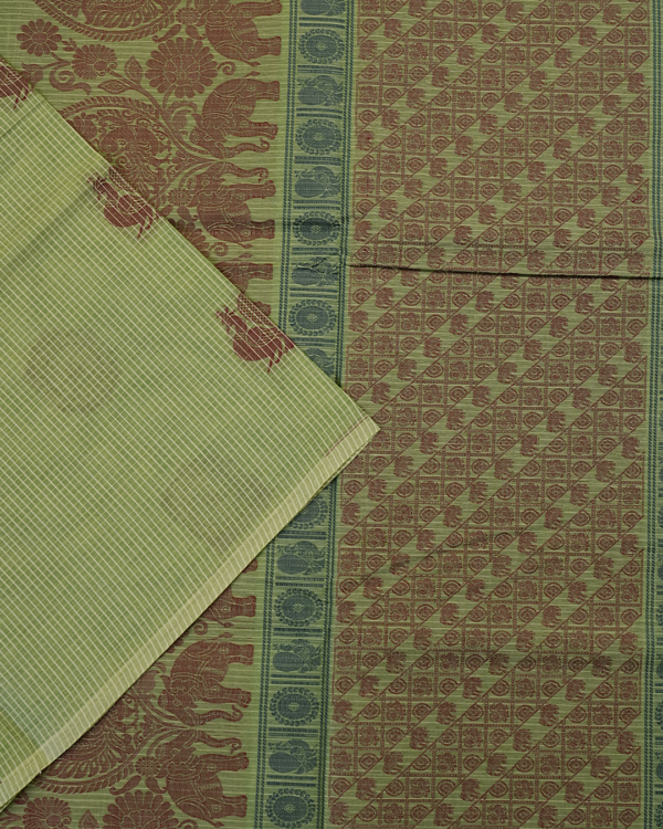 PURE COTTON SAREE - Sage Green with Maroon