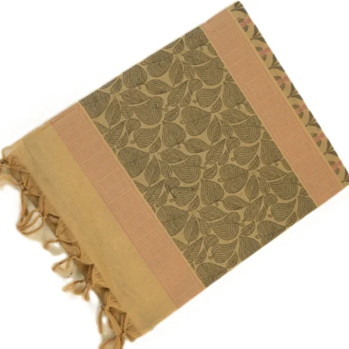 PURE COTTON SAREES - Sand Beige with Olive Green & Peach