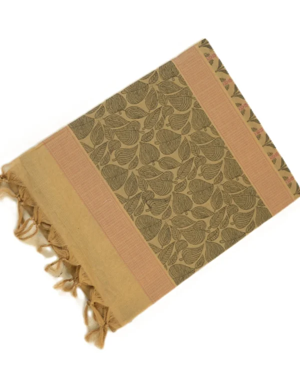 PURE COTTON SAREES - Sand Beige with Olive Green & Peach
