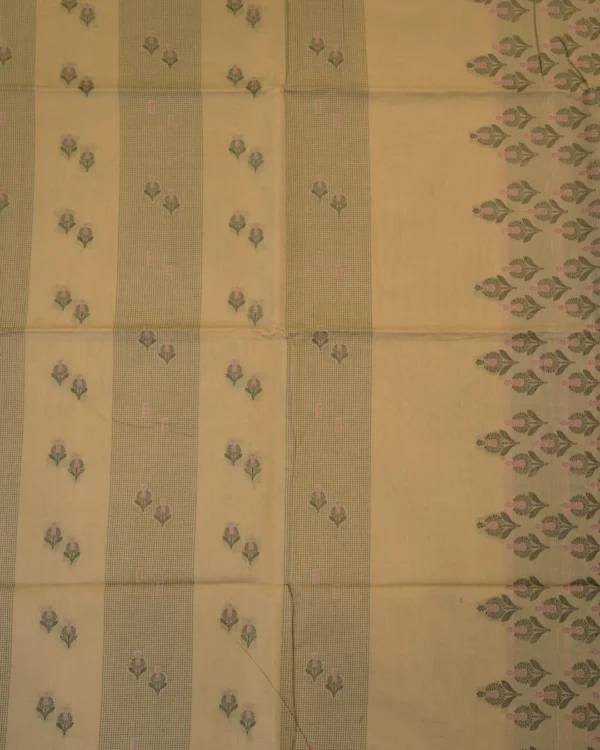 PURE COTTON SAREES - Sand Beige with Olive Green & Peach