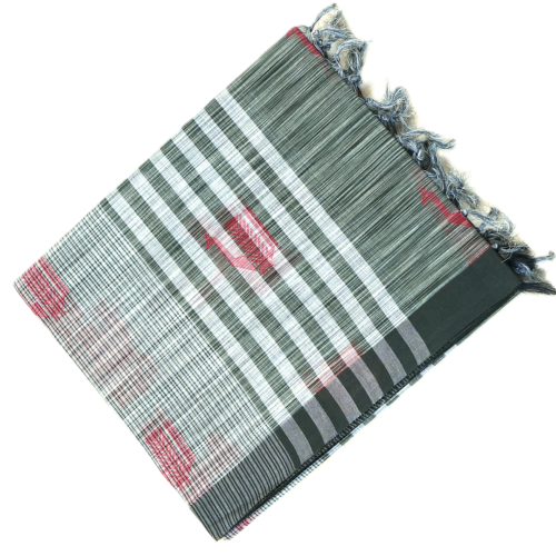 PURE COTTON SAREE - Charcoal Grey with White, Silver & Maroon