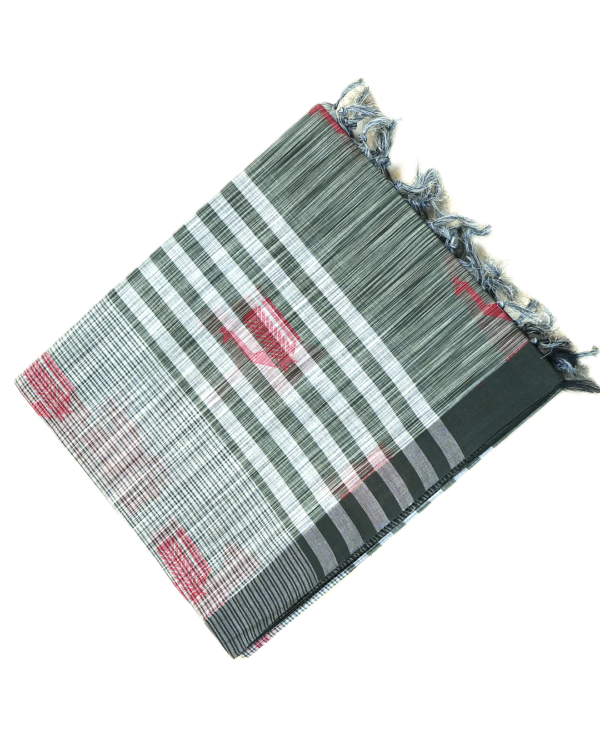 PURE COTTON SAREE - Charcoal Grey with White, Silver & Maroon