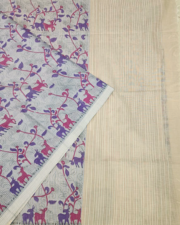COTTON SAREES  - Light Sky Blue with Purple, Magenta & Beige