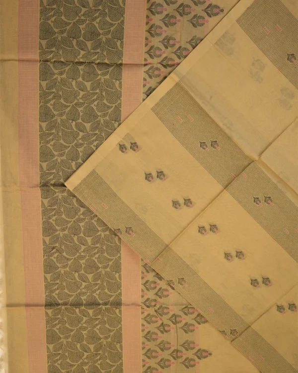 PURE COTTON SAREES - Sand Beige with Olive Green & Peach