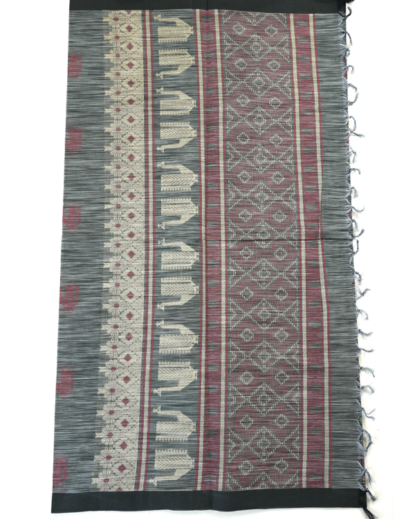 PURE COTTON SAREE - Charcoal Grey with White, Silver & Maroon