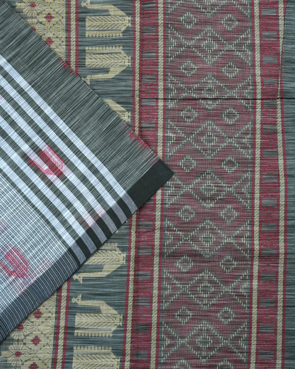 PURE COTTON SAREE - Charcoal Grey with White, Silver & Maroon