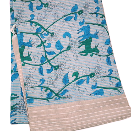 COTTON SAREES  - Pastel Sky Blue with Teal Green & Royal Blue