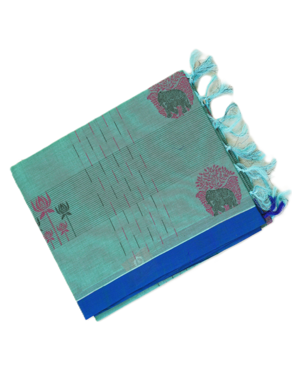PURE COTTON SAREES - Aqua Green with Royal Blue & Magenta