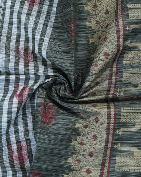 PURE COTTON SAREE - Charcoal Grey with White, Silver & Maroon