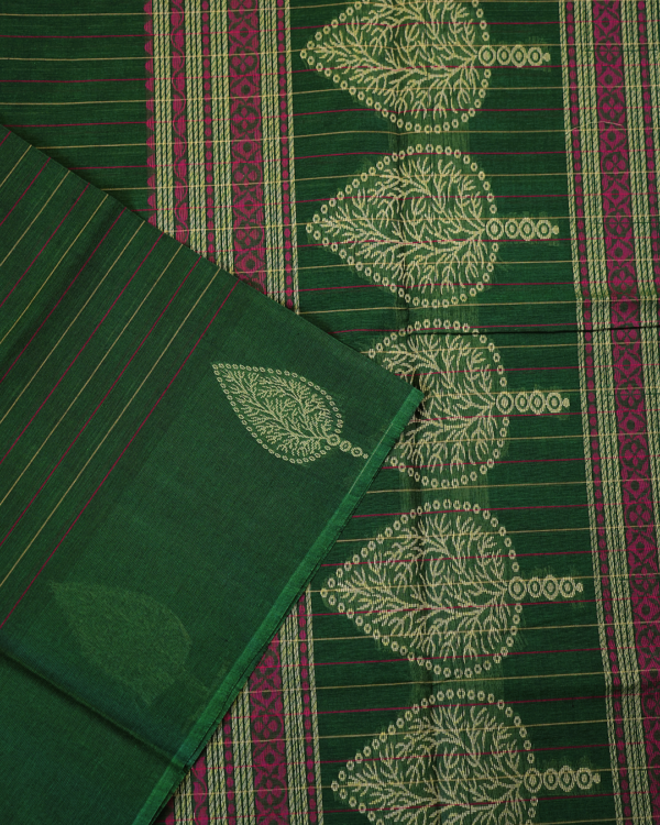 PURE COTTON SAREES -  Deep Forest Green with Lime Green & Magenta Accents