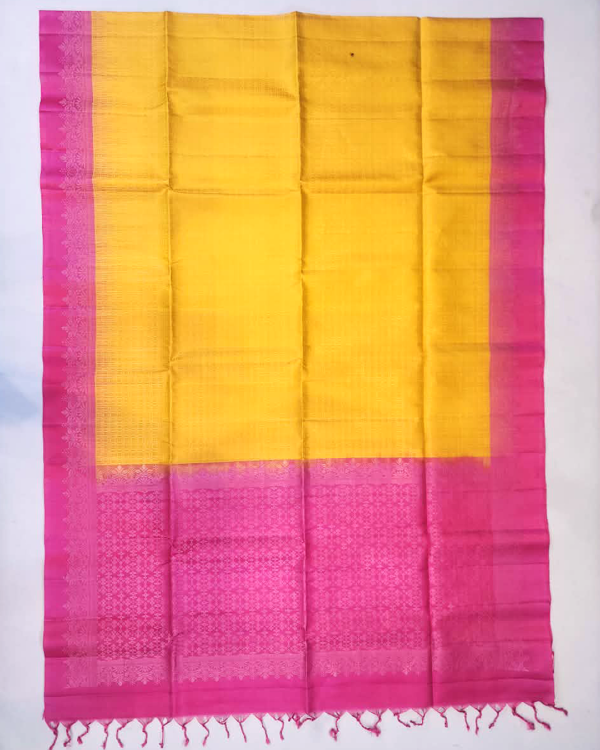 3 SOFT SILK SAREES - Mustard Yellow with Rani Pink