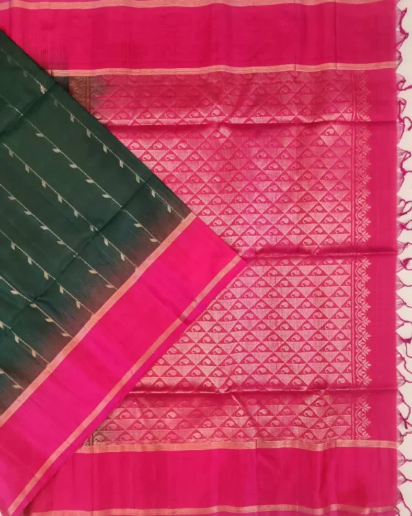 SOFT SILK SAREE - Dark Bottle Green with Magenta Pink Contrast