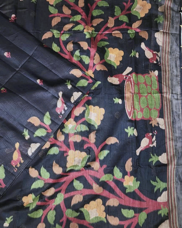 PURE COTTON SAREE -  Charcoal Black with Multicolor Floral & Fruit Motifs