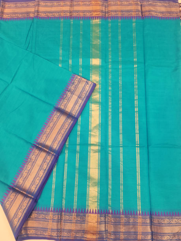 ..3 CHETTINAD COTTON SAREES - Peacock Teal with Royal Blue and Antique Gold