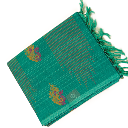 PURE COTTON SAREES - Teal Green with Multicolour Woven Accents