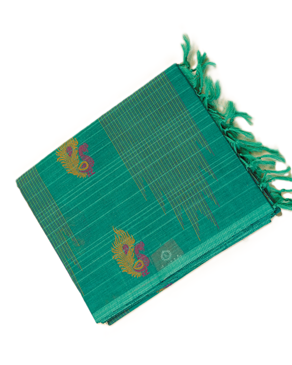 PURE COTTON SAREES - Teal Green with Multicolour Woven Accents