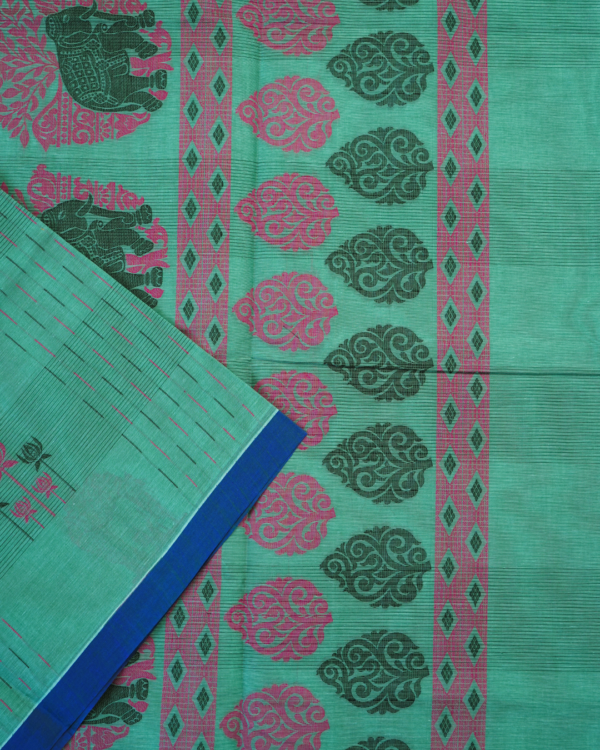 PURE COTTON SAREES - Aqua Green with Royal Blue & Magenta
