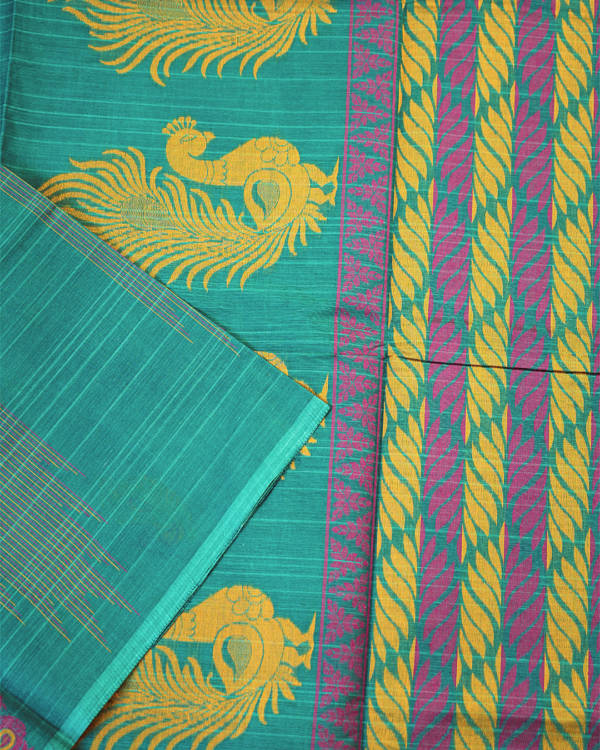 PURE COTTON SAREES - Teal Green with Multicolour Woven Accents