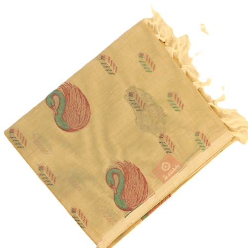 PURE COTTON SAREES - Sand Beige with Multicolour Peacock Motifs