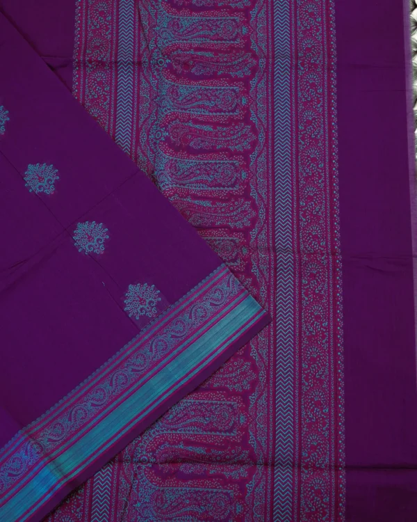 PURE COTTON SAREES - Rich Purple with Turquoise Blue
