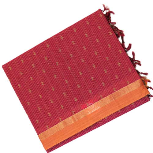 PURE COTTON SAREE - Wine Maroon with Peach Copper & Antique Gold