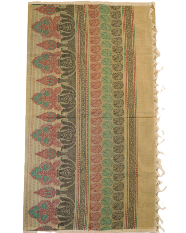 .34 PURE COTTON SAREES - Sand Beige with Multicolour Peacock Motifs