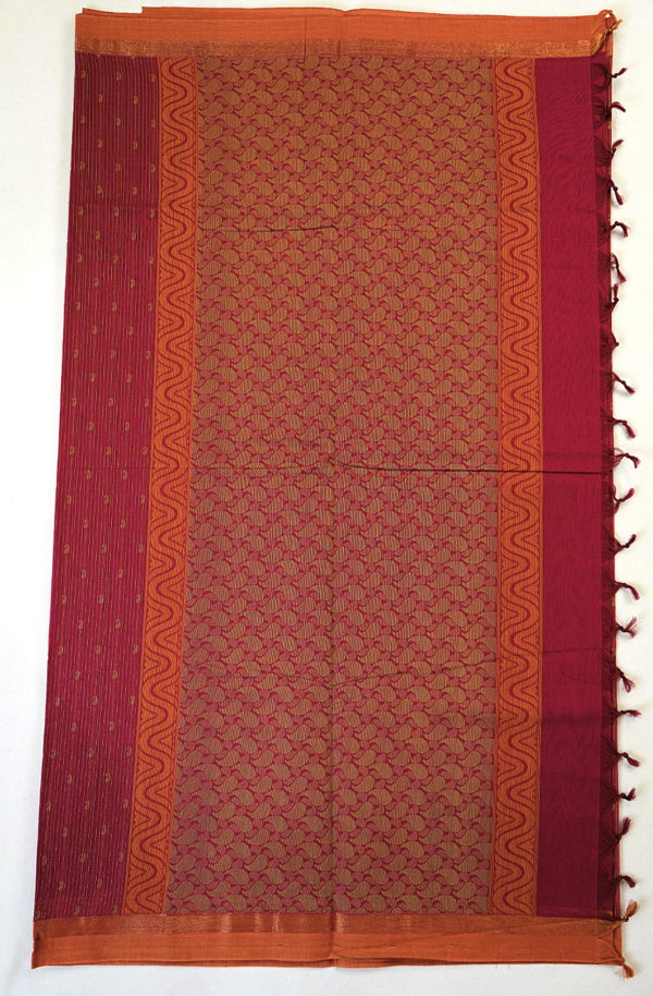 PURE COTTON SAREE - Wine Maroon with Peach Copper & Antique Gold