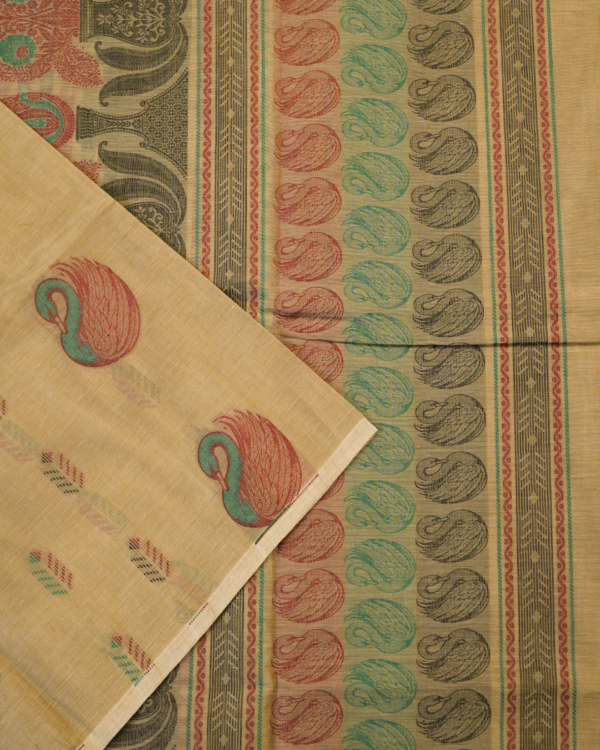 .35 PURE COTTON SAREES - Sand Beige with Multicolour Peacock Motifs
