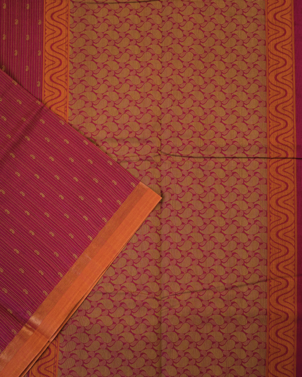 PURE COTTON SAREE - Wine Maroon with Peach Copper & Antique Gold