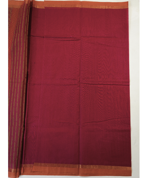 PURE COTTON SAREE - Wine Maroon with Peach Copper & Antique Gold