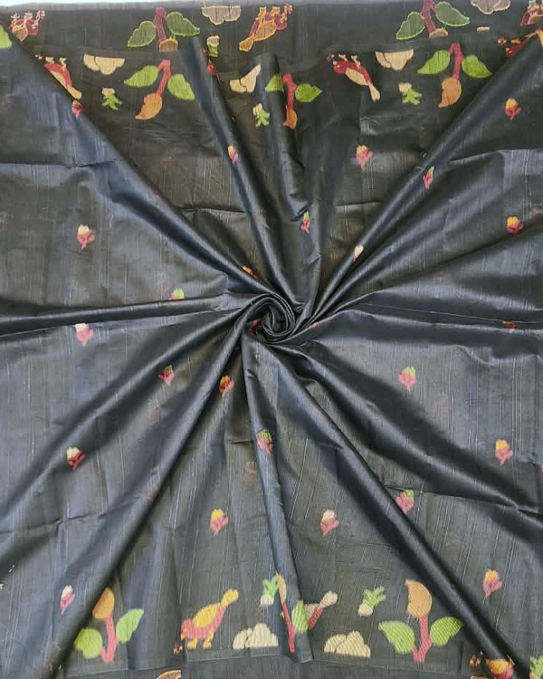 PURE COTTON SAREE -  Charcoal Black with Multicolor Floral & Fruit Motifs