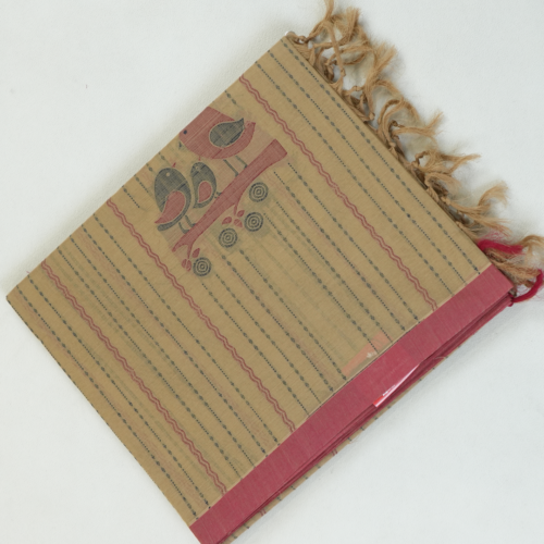 PURE COTTON SAREE - Beige Sandalwood with Dusty Rose & Charcoal Grey