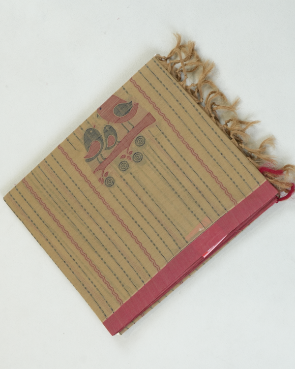 PURE COTTON SAREE - Beige Sandalwood with Dusty Rose & Charcoal Grey