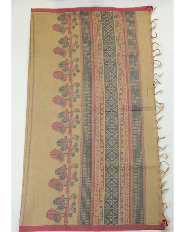 PURE COTTON SAREE - Beige Sandalwood with Dusty Rose & Charcoal Grey