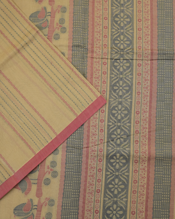 PURE COTTON SAREE - Beige Sandalwood with Dusty Rose & Charcoal Grey