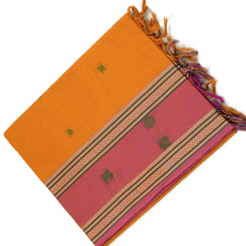 PURE COTTON SAREE - Bright Orange with Dusty Rose Pink