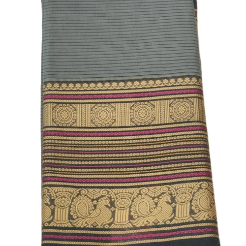 5 CHETTINAD COTTON SAREES - Charcoal Grey with Black, Antique Gold & Magenta Pink