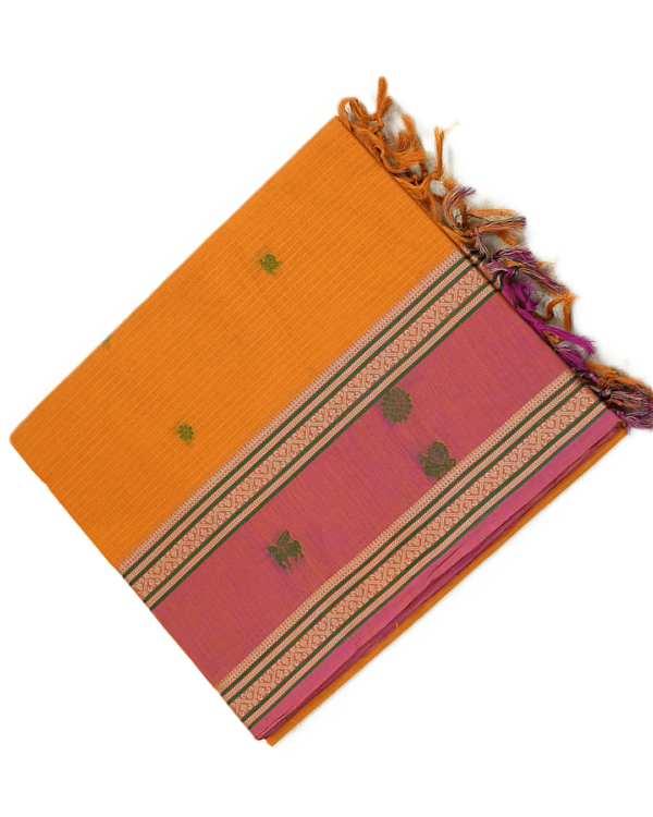 5 PURE COTTON SAREE - Bright Orange with Dusty Rose Pink