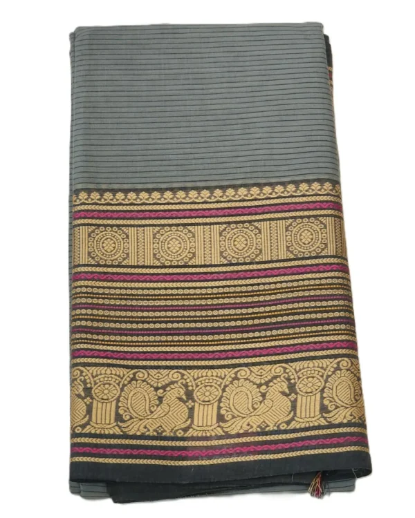 CHETTINAD COTTON SAREES  - Charcoal Grey with Black, Antique Gold & Magenta Pink