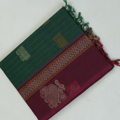 PURE COTTON SAREE - Deep Bottle Green with Wine Maroon