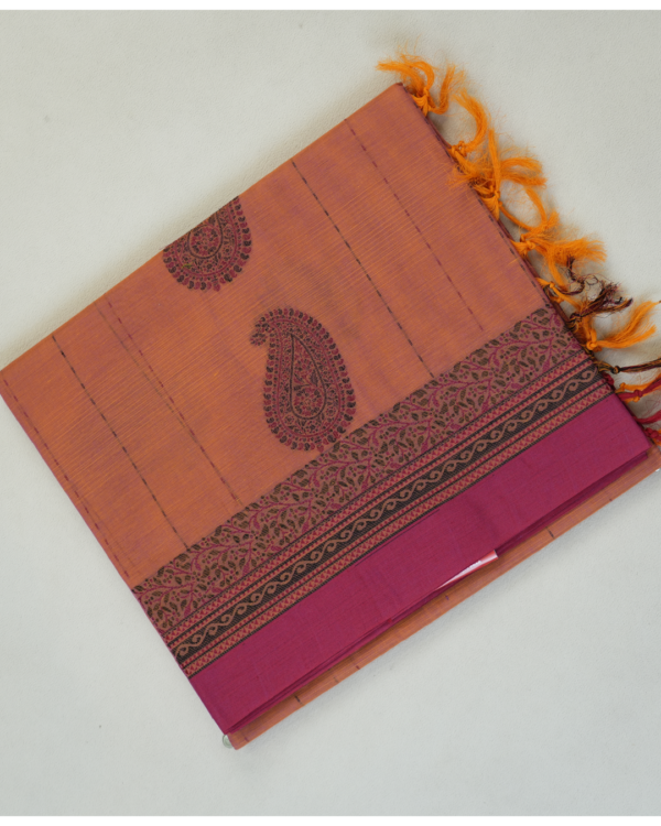 PURE COTTON SAREES - Dusty Orange with Magenta & Black