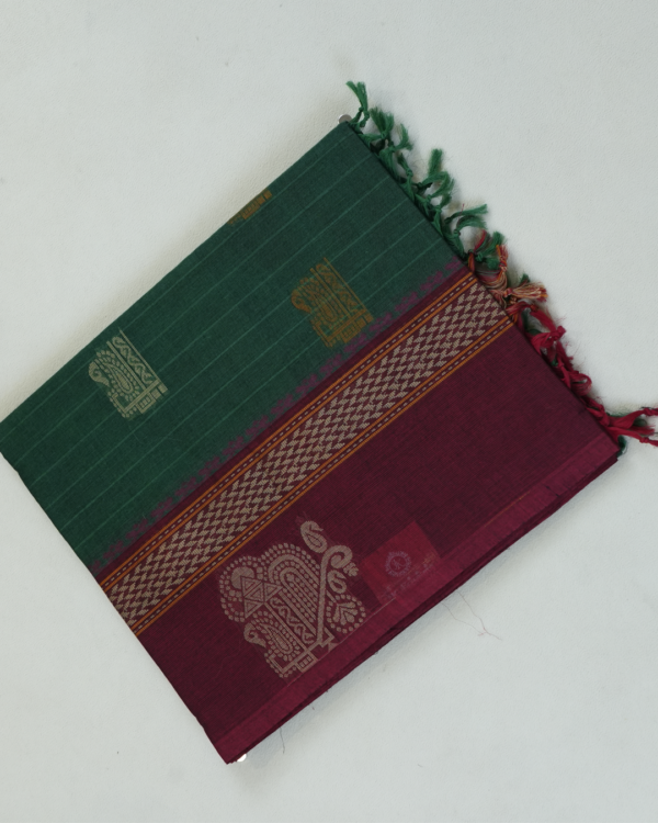 PURE COTTON SAREE - Deep Bottle Green with Wine Maroon